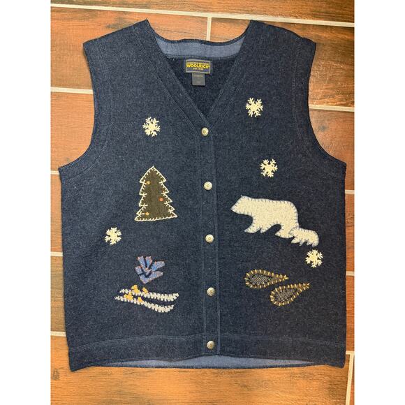 Vintage 90s Woolrich 100% Wool Winter Vest LG – Polar Bear, Snowshoes, Ski Scene - Picture 5 of 6